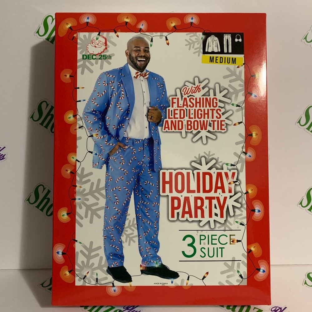 Ugly Christmas Suit DEC 25TH 3 Piece Light Up Bow Tie Candy Cane Blue M